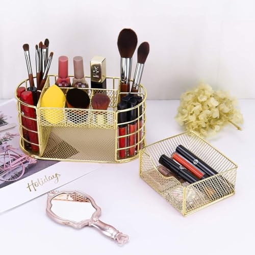 Image of 9 Compartment Metal Desk Organizer & Makeup Storage Holder with Detachable Drawer | Multi-Purpose Stationery, Cosmetic & Office Desk Organizer for Home, Study Table & Vanity (Gold)