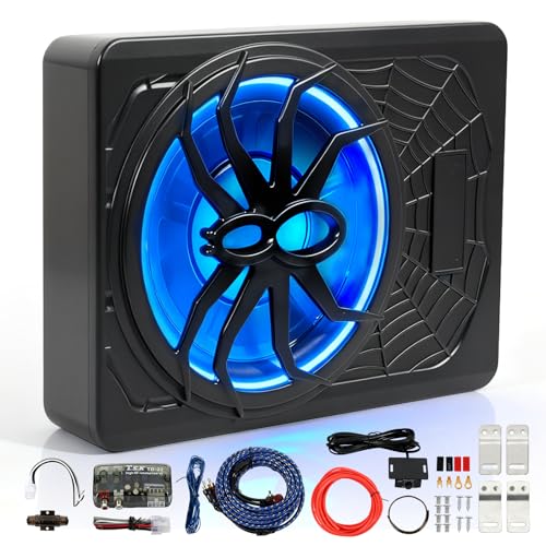 10' Slim Car Subwoofer 1200W Underseat Powered Subwoofer Car Audio Subs for Trucks Active Bass Speaker for Car Built-in Amplifier with Blue LED Ambient Light Low & High Level Inputs