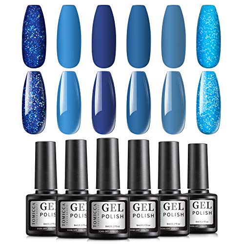 TOMICCA 8ml Gel nagellak set, Solid en Glitter Lake Water Blue Color nagellak, Soak Off UV LED Gel Nail Art Manicure Set