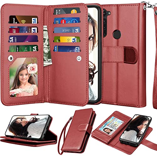 Njjex Compatible for Mototola G Stylus 2020 Case/Moto G Stylus Wallet Case 2020, [9 Card Slots] PU Leather ID Credit Holder Folio Flip [Detachable] Kickstand Magnetic Phone Cover & Lanyard -Wine Red