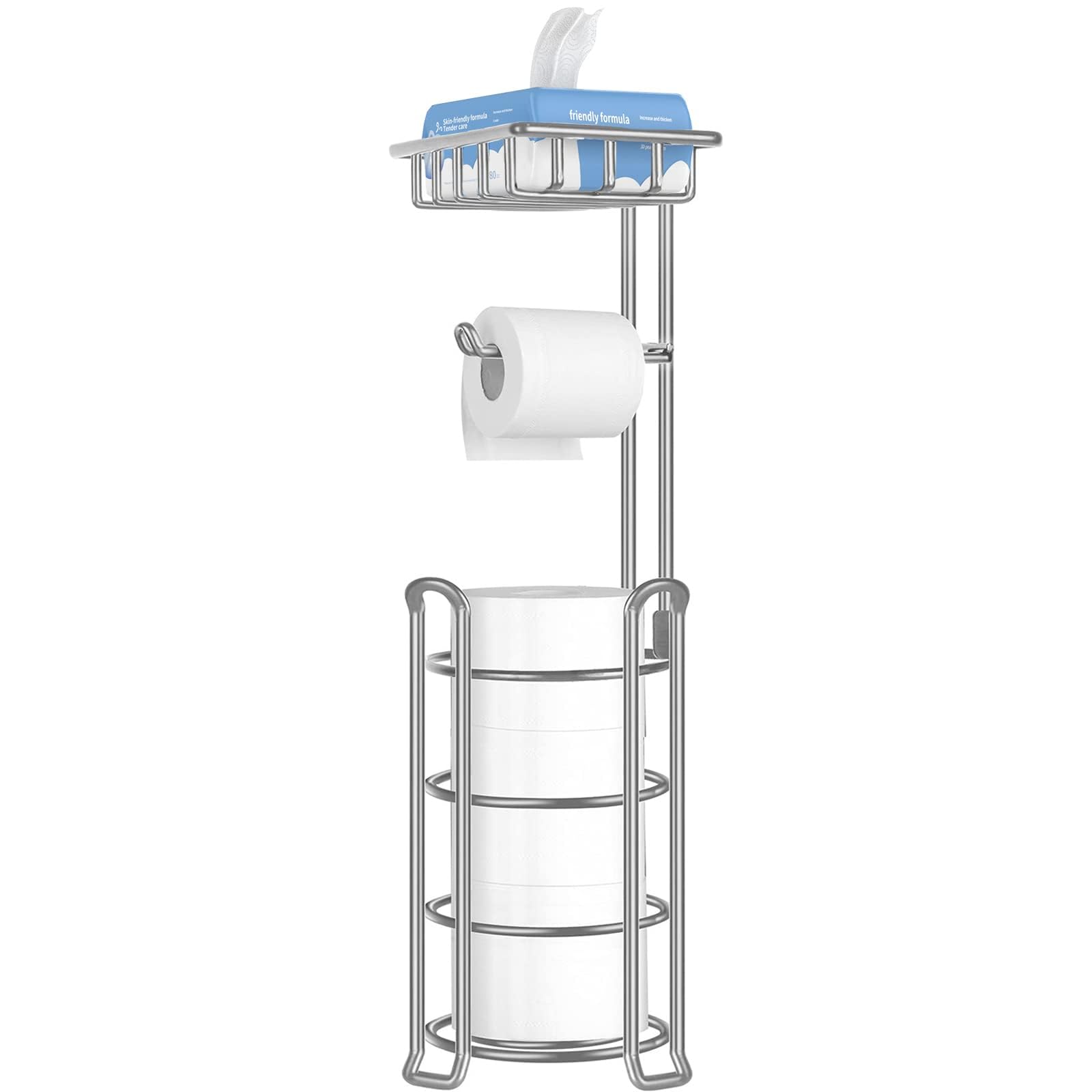 TomCare Toilet Paper Holder Stand with Storage Shelf Tissue Paper Roll Dispenser Free Standing 4 Raised Feet Toilet Paper Storage Metal Bathroom Organizers and Storage