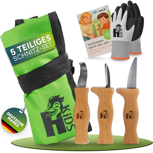 HOLZHELD - Schnitzmesser Kinder ab 4 Jahren - Schnitzwerkzeug Set inkl. Schnittfeste Handschuhe - Schnitzset mit praktischem Etui - Schnitzen Ab 4 5 6 7 8 9 | Grün Größe 5