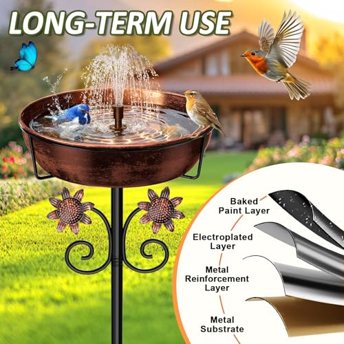 Image of 3 inch Deep Metal Bird Bath for Outside, Removable 12 inch Dia Vintage Bird Baths Bowl for Outdoors with Stable 5-Prong Stake, 37 inch H Freestanding Birdbath for Garden Patio Yard Lawn (Brush Bronze)
