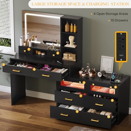 Image of DWVO Large Vanity Desk with Mirror - RGB LED and Charging Station, Make up Vanity Mirror with 3 Lights Mode and Brightness Adjusted, Large Storage Space-10 Drawers, 3 Open Shelves, Black