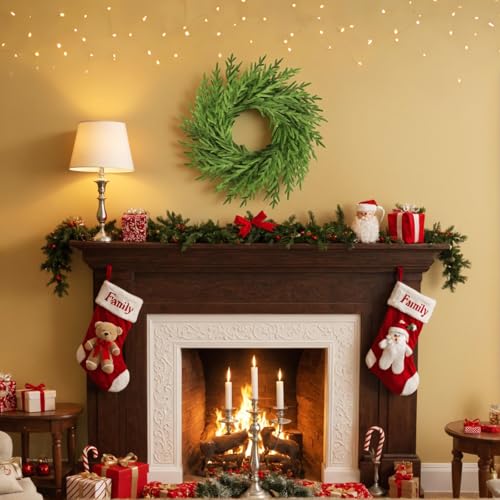 Image of 26 inch Artificial Spring Summer Christmas Greenery Wreath for Front Door,Real Touch Artificial Norfork Pine Wreath for Outoor Inooor Porch,Window,Wall,Xmas, Year Round Home Decor