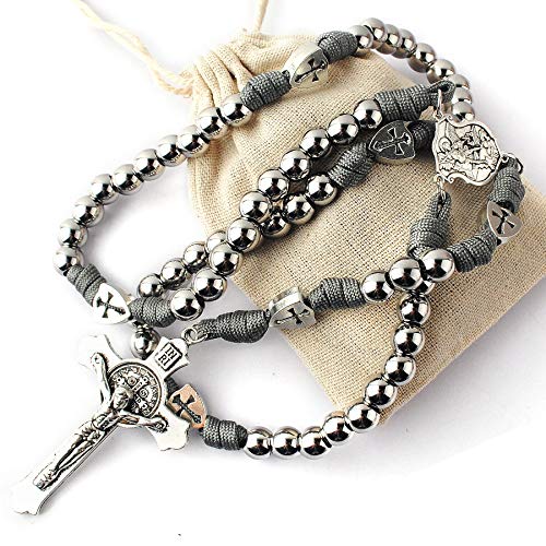 HanlinCC Large and Heavy Stainless Steel Beads Rugged Durable Paracord Rosary Necklace for Men with St.Michael Center Piece and St.Benedict Crucifix4