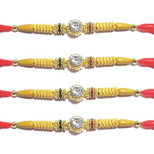 IndiaBigShop Set Of 4 Rakhi for Brothers Round Shaped Stone Rakhi with Multi Design Beads Rakhi Bracelet, Rakhi for brother, Rakhi Bracelet, Multi Design And Assorted Color