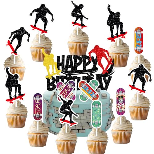 YUEcthynous 17 piezas Skateboarding Happy Birthday Cake Topper Cumpleaños para Niños Fiesta de Cumpleaños Decoraciones para Fiesta de Cumpleaños Decoración para Pasteles