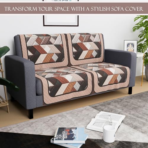 Image of Kuber Industries Set of 4 Velvet 2 Seater Sofa Covers for Living Room | Easy Machine Washable Sofe ke cover for Home Comfort | Triangular-Cream & Brown