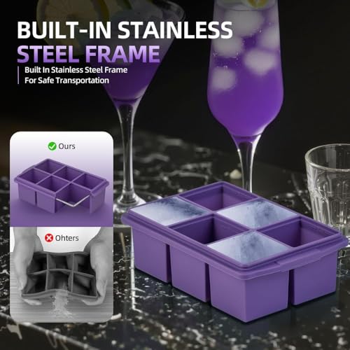 Image of Ice Cube Molds with Lid,Big Silicone Ice Cube Tray for Whiskey,2Inch Square Ice Cube Tray,Easy-Release Ice Mold,Giant Ice Cubes for Bourbon Cocktail (1, Purple)