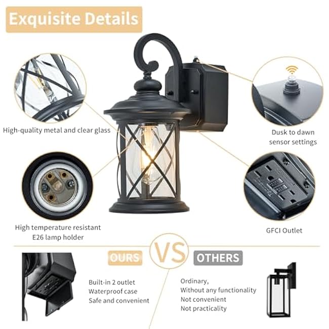 Dusk to Dawn Photocell Sensor Outdoor Porch Light with GFCI Outlet, Anti-Rust Waterproof Industrial Outdoor Lantern, Black Exterior Work Lights Rustic Wall Light