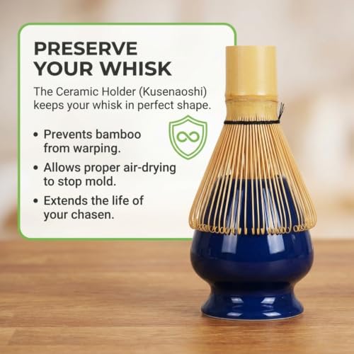 Miniatura 7 de Ecokoru Set Té Matcha Kit Tradicional 4 Piezas Con Batidor De Bambú Natural 100 Puntas , Soporte Cerámico Azul Marino, Chashaku, Espátula Y Bolsa De Lino Ecológica
