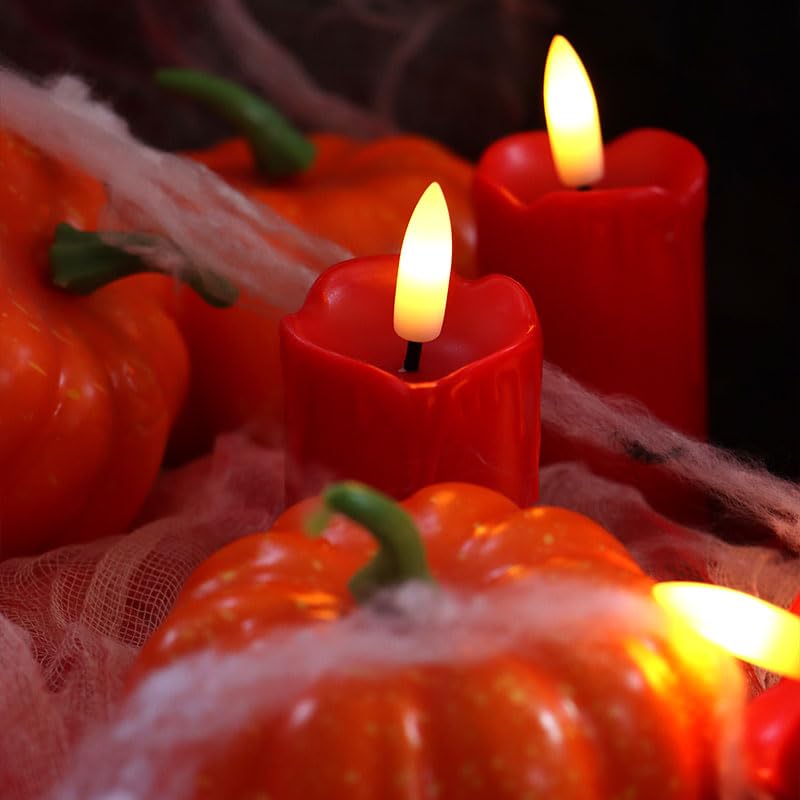 Image of 6 Pack LED Flameless Votives with Built-in Timer Realistic Black Wick Drips Battery Operated Electric Candle Set for Home Party Wedding Halloween Christmas Decorations 1.5 inch D x 3.5 inch H, Red
