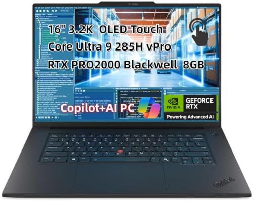 Image of NewLenovo ThinkPad P1 Gen 8 Workstation Laptop, Inte.l Core Ultra 9 285H 16C, 16 inch 3.2K (3200 x 2000) OLED Touch, 64GB RAM 2TB SSD, NVIDI.A RTX 2000 Blackwell 8GB WiFi7, 5MP RGB+IR Camera Win 11 Pro