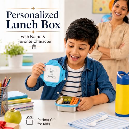 Image of SAVRI Personalized Kids Lunch Box with Name & Cartoon Engraved - Stainless Steel Leakproof Insulated Tiffin Box (300ml) | Customized School Lunch Box, Return Gift, Birthday Gift for Boys & Girls