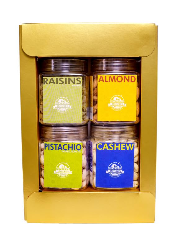 Image of Nature's Blend Exotic Dry Fruits Gift Set | Maroon New| Pack of 4 x 250g Jars | Healthy Gifting for all occassion | Afghan Raisins, Almond, Cashew, Pistachio Inshell Roasted | Perfect Corporate & Festive Dry Fruit Gift Hampers | Perfect Corporate Gift Hamper
