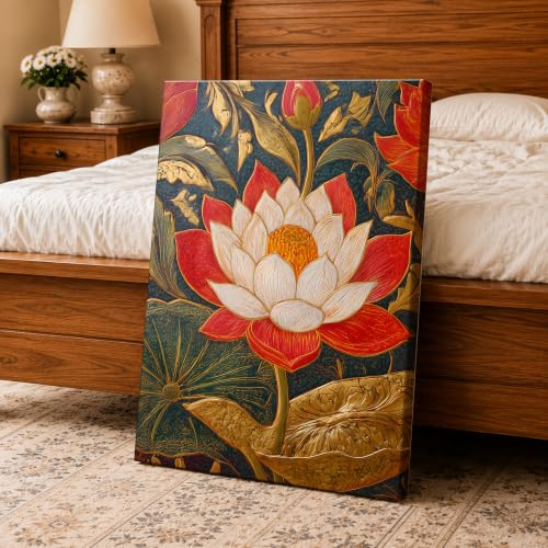 Image of PAINTINGMANTRA Traditional Indian Textured Embossed Lotus Canvas Wall Art Painting for wall decoration, Red & Gold Blooming Lotus Motifs Stretched Canvas Painting for living room, bedroom, Home and office, 16x22 Inch