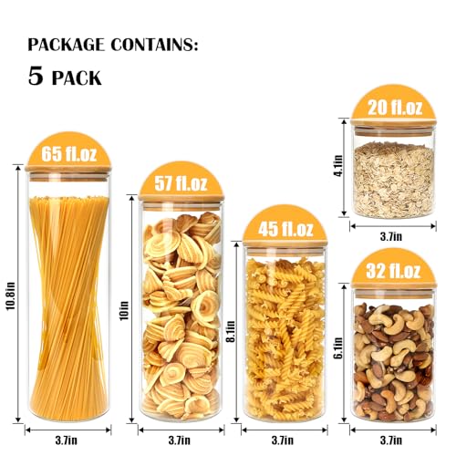 Flrolove Glass Food Storage Containers Set,Airtight Food Jars with Bamboo Wooden Lids - Set of 5 Kitchen Canisters For Sugar,Candy, Cookie, Rice and Spice Jars