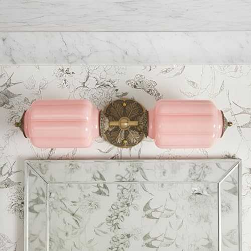 Image of Vintage Vanity Light - 2-Light Wall Sconce with Brass Finish Base & Green Glass Shade - Wall Sconce Lighting for Mirror, Kitchen, Living Room, Gallery (Bulbs Included) (Pink)