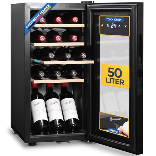 Sommertal Weinkühlschrank mit Glastür WK50 – 15 Flaschen, 5–20C° einstellbar, abschließbar, LED-Beleuchtung, Glastür, Touchscreen, 4 Holz-Einlegeböden, leise & energiesparend, UV-Schutz Verglasung
