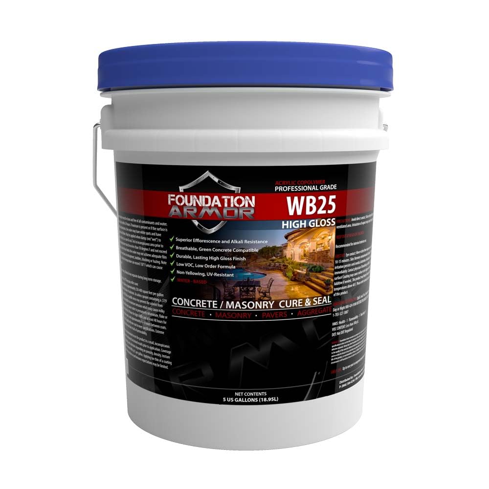 Foundation Armor WB25 High Gloss Wet Look Concrete Sealer and Cure & Seal 5 Gallon - Professional Grade Color Enhancing Water Based Acrylic Sealer for Exterior Concrete and Pavers