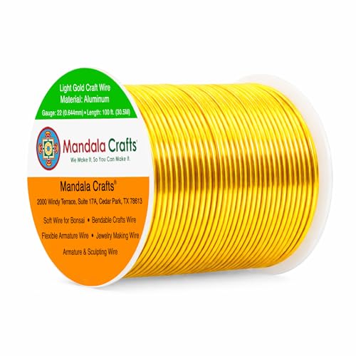 Image of Mandala Crafts 22 Gauge Light Gold Tone Anodized Aluminum Craft Wire 100 FT | Colored, Flexible, Bendable, for Bonsai, Armature, Sculpting, Wire Wrapping, Jewelry Making, Weather & Tarnish Resistant
