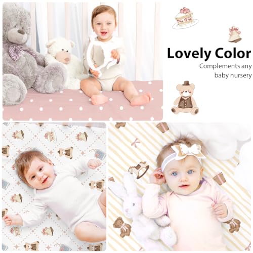 Image of Baby Crib Sheets Girl, 3 Pack Toddler Bed Sheets Fitted for 52 inchx28 inch Standard Crib and Toddler Mattresses, Super Soft Microfiber Pink Bear