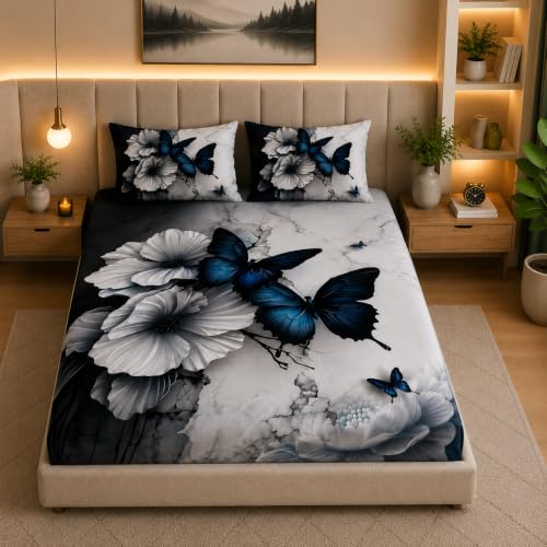 Image of 7D Digital Printed King Size Bedsheet with 2 Pillow Covers | Soft Premium Cotton Feel Microfiber Double Bed Bedsheet | Wrinkle Free & Fade Resistant | (BLUEbutterfly, King Size - 90 x 100)