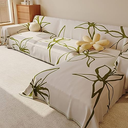 ANAZOZ Funda de Sofás 4 Plazas,Fundas Mantas Sofa Verde Funda Protector de Sofa 180x380CM Funda de Sofa de Chenilla Flores con Borlas