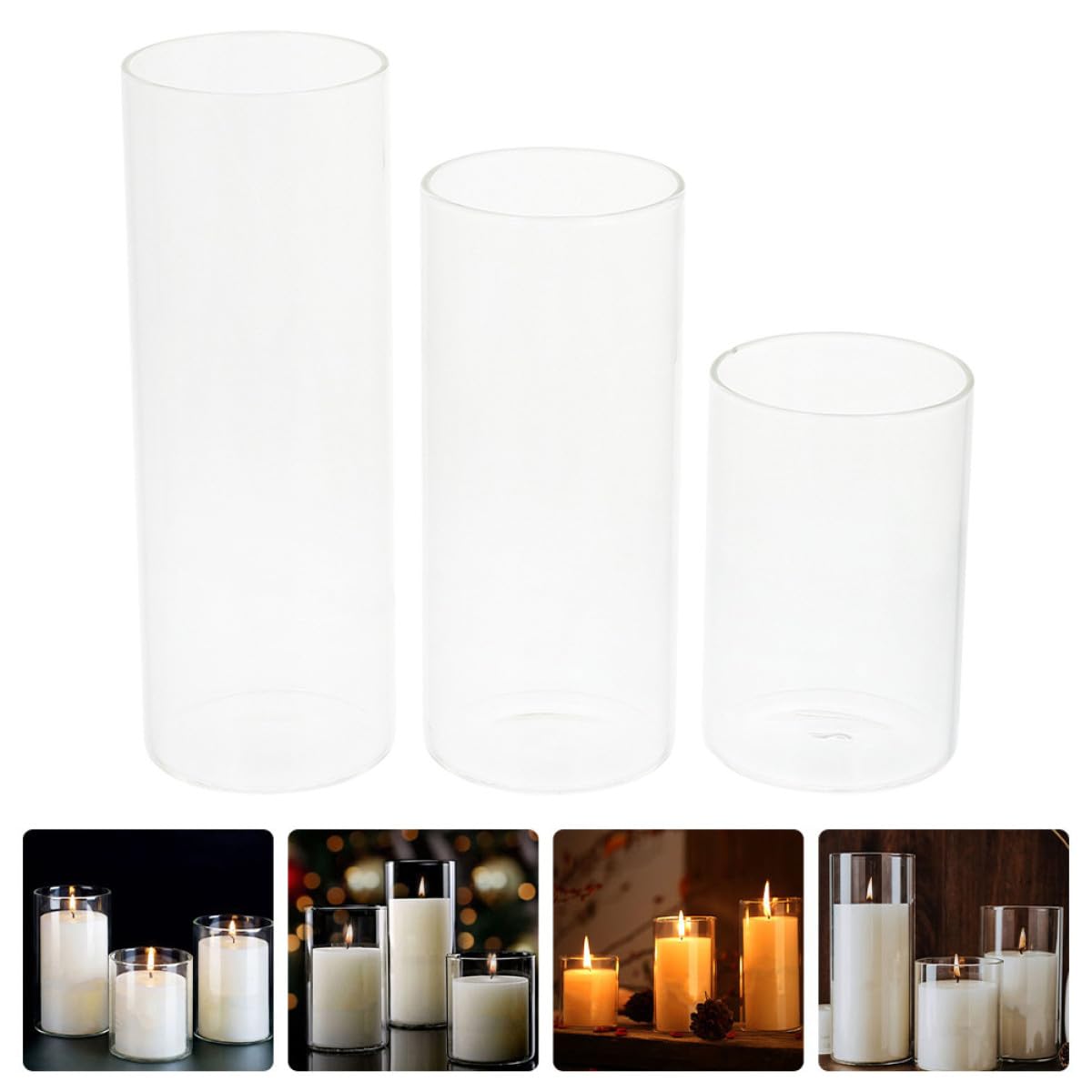 ERINGOGO Bougeoirs Design Simple et Solide Lot de 3 en Verre Cylindrique Transparents pour Décoration Créative et Ambiance Romantique
