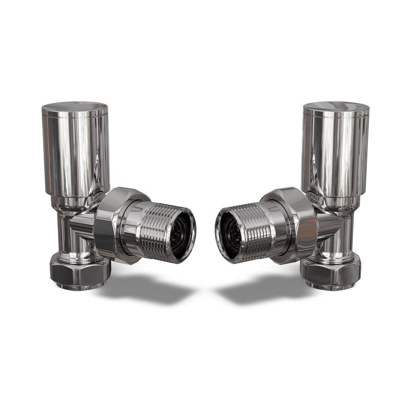 UK Radiators Round Chrome Radiator Valve Pair - Chrome Polished Finish - Classy and Modern Design 1/2" x 15mm Angled Radiator Valve Pair - Pair of Valves