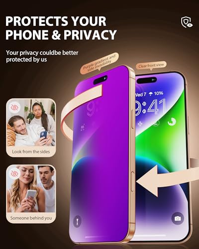 Image of PDDKISS 2 Pack Privacy Screen Protector for iPhone 17 6.3 inch+ 2 Pack Camera Lens Protector, Purple Gradient Anti Spy Tempered Glass, Auto Alignment Kit