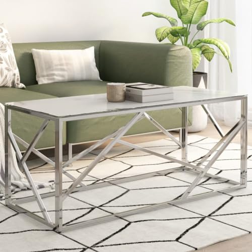 Snsowed Mesa de Centro Plateada Acero Inoxidable y Vidrio Templado, Mesa Baja Salon, Mesa Centro Salon, Mesa Auxiliar, Mesa Cafe, Mesita Salon, Muebles De Salon Modernos - 349939