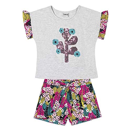 Nanai Conjunto Blusa e Shorts Cactos Meninas, 12, Cinza