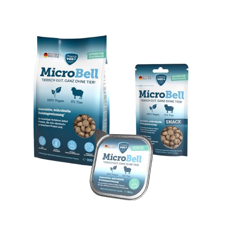 Marsavet MicroBell – Set de Comida Vegana para Perros con proteína microbiana: pienso seco 900 g, Comida húmeda 300 g y chuches para Perros 100 g. Hipoalergénico, sin Cereales y sin Gluten.