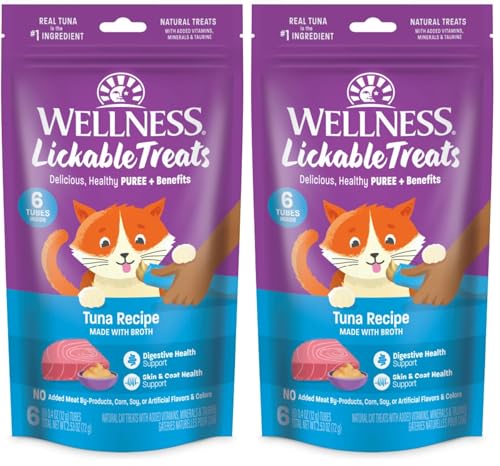 Wellness Lickable Soft Puree Cat Treats, All Lifestages, Kitten to Senior, Natural, Grain Free, Tuna Flavor, 0.4 oz, Pack of 12 Tubes