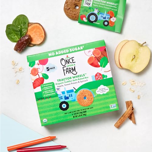 once upon a farm organic toddler soft baked bar apple sweet potato and spinach tractor wheels shaped non gmo kosher 335 ounces pack of 8