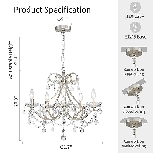 image for WUZUPS Crystal 5-Light Candle Chandelier Pendant Flushmount Ceiling Li