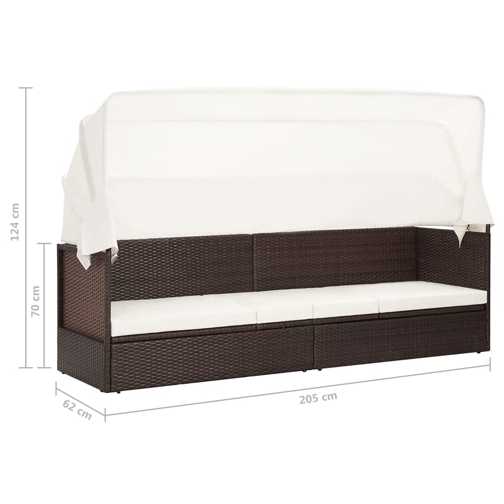 Lettino da giardino resistente alle intemperie con cuscino imbottito, letto da giardino con baldacchino in polyrattan e rattan PE con schienale regolabile, mobili lounge con baldacchino