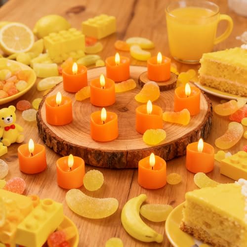 Image of CANDLE CHOICE Battery Operated Flameless Tea Lights Realistic Black Wick Bright Flickering LED Tealight Votive Candles Wedding Party Table Halloween Christmas Decorations Batteries Incl 24 Pack Orange