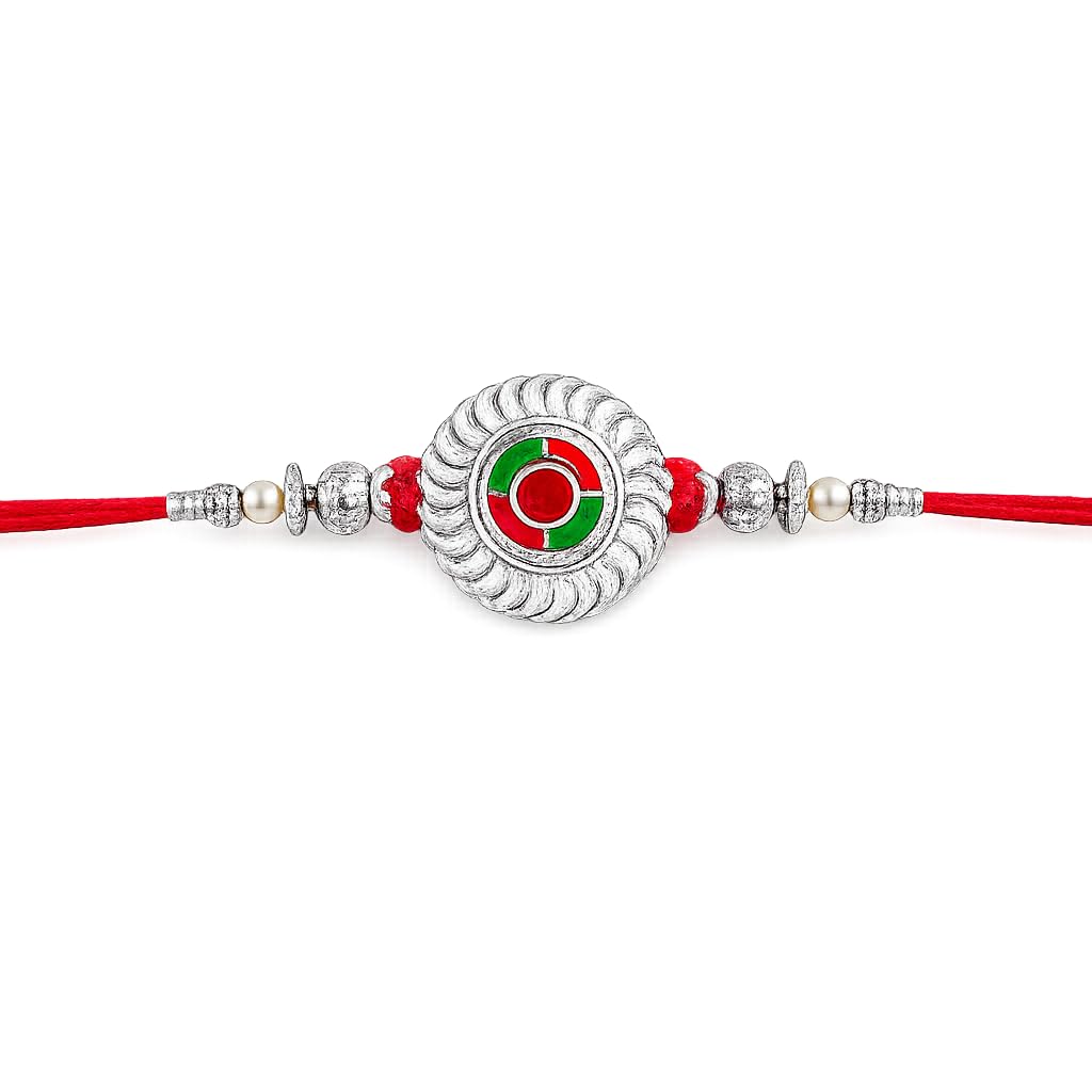 Premium Designer Rakhi for Brother with Silver-Finish Centerpiece and Red Thread Traditional Handcrafted Raksha Bandhan Gift-picture-15