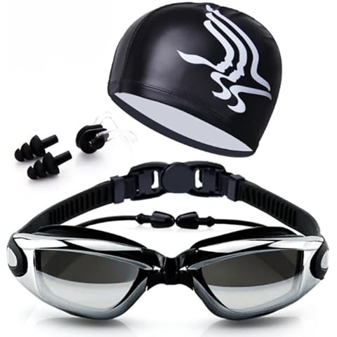 4 in 1 Swimming Kit | Goggles - Cap - Earplugs - Nose clip | Comfortable Adjustable Anti Fog UV Protected lenses | For Adults or Kids Men or Women | No Leaking | Swim Pool Sea Gift Pack | Black Cover