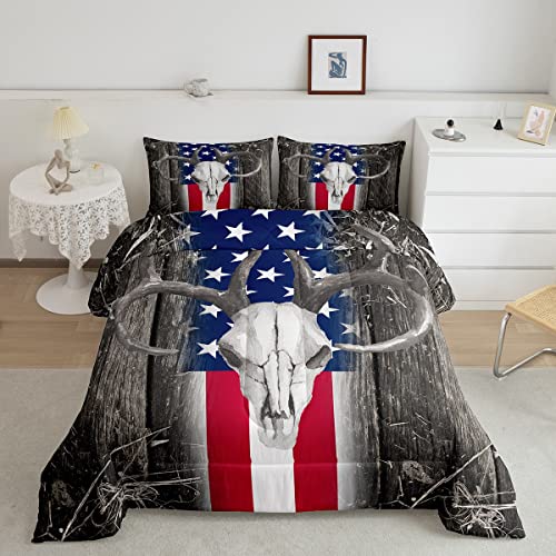 Manfei Bull Skull Comforter Set Full Size, American Flag Quilt Set With 2 Pillowcases, Rustic Farmhouse Grey Wooden Plank Bedding Set 3Pcs For Kids Boys Teens Bedroom Decor Boho Tribal Duvet Insert #TOP26