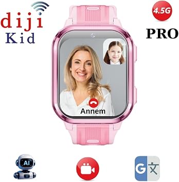 Dijikid 4.5GPRO Ak ll   ocuk Saati, Yapay Zeka AI - G r nt l  G r me - Google Translate - Konum - Acil SOS Arama - Okul Modu - Degisen Kadran Pembe