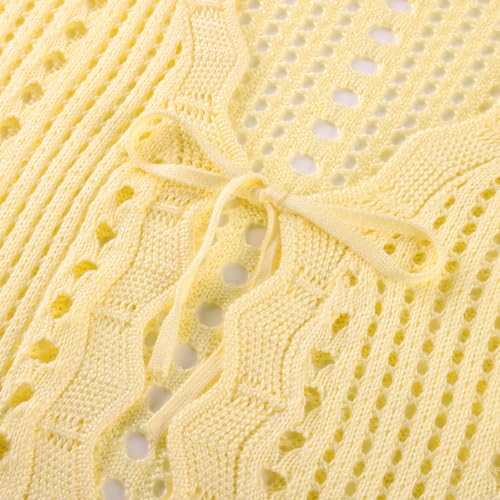 Image of Kate Kasin Women Crochet Shrug Knit Sweater, Short Sleeve Cropped Cardigan | Tie Front Tops Light Weight, Knit Cover Up Arm Bolero For Evening Dresses Dressy Casual, Ladies Eyelet Shawl Thin Formal
