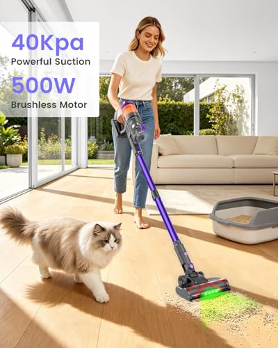 Image of Cordless Vacuum Cleaner, 120Mins Runtime with 2 Batteries, 500W 40KPa Vacuum Cleaners for Home, Green Light Anti-Tangle Brush & Wall Mount Charging, Lightweight for Pet Hair Carpet Hard Floors