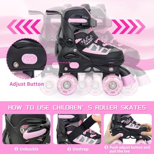 Image of Kids Roller Skates for Girls , Pink Adjustable Rollerskates with Light Up Wheels for Teens Youth Ages 6-12 10 11 12 , Beginners Outdoor Sports , Best Birthday Gift for Girls Kids
