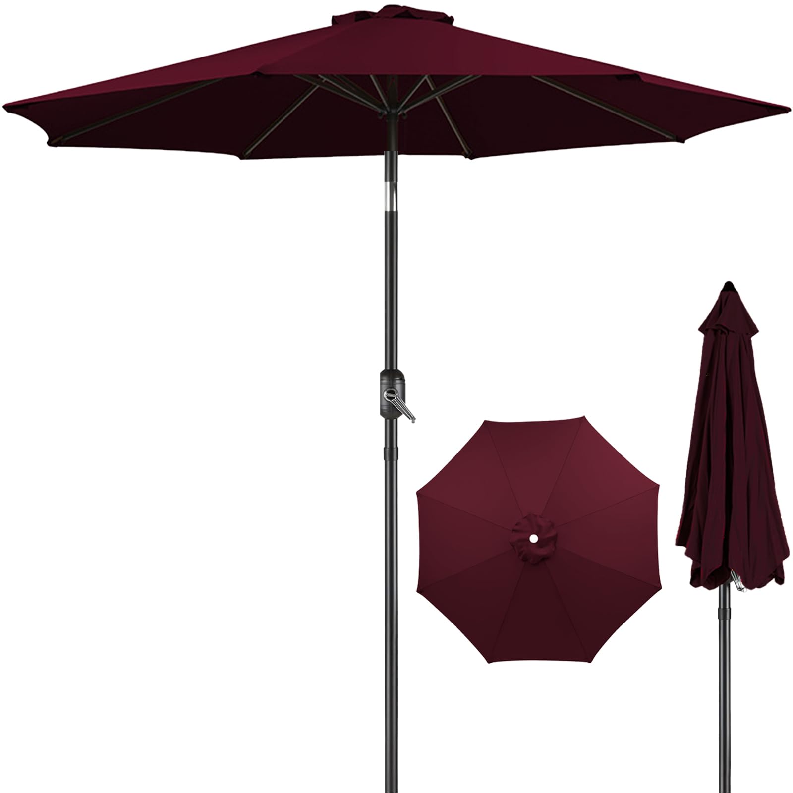 2.7/3M Garden Parasol Umbrella, Outdoor Table Umbrellas with Push Button Tilt and Crank, with 8 Sturdy Ribs, UV Protection Waterproof for Garden, Deck, Backyard, Pool(Wine Red,2.7m with Tilt)