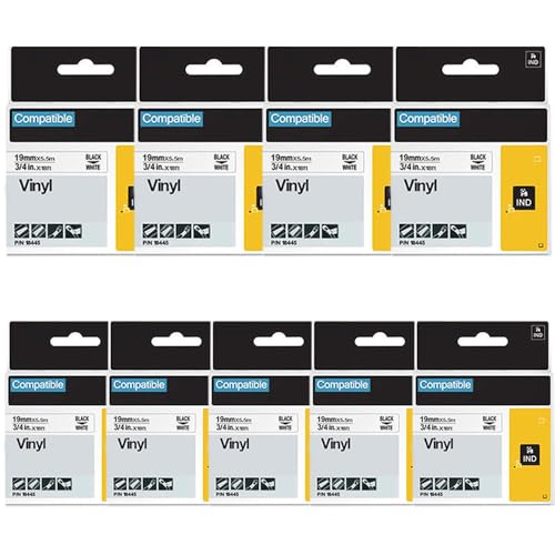 Rhino 5200 Industrial Vinyl Labels Replacement for Dymo Rhino 18445 Vinyl 3/4 Inch Permanent Label Tape Work for 4200 5000 5200 6000 Label Maker Black on White 19mm x 5.5m 9-Pack