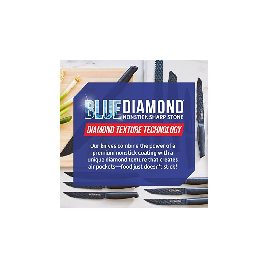 Blue-Diamond-Sharp-Stone-Nonstick-Stainless-Steel-Cutlery-14-Piece-Wood-Knife-Block-Set-with-Chef-Steak-Knives-and-more-Diamond-Texture-Blade-Dishwasher-Safe-Knives-Blue Blue Diamond Sharp Stone Nonstick Stainless Steel Cutlery, 14 Piece Wood Knife Block Set with Chef Steak Knives and more, Diamond Texture Blade, Dishwasher Safe Knives, Blue